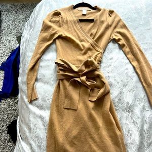 DVF wrap sweater dress in camel